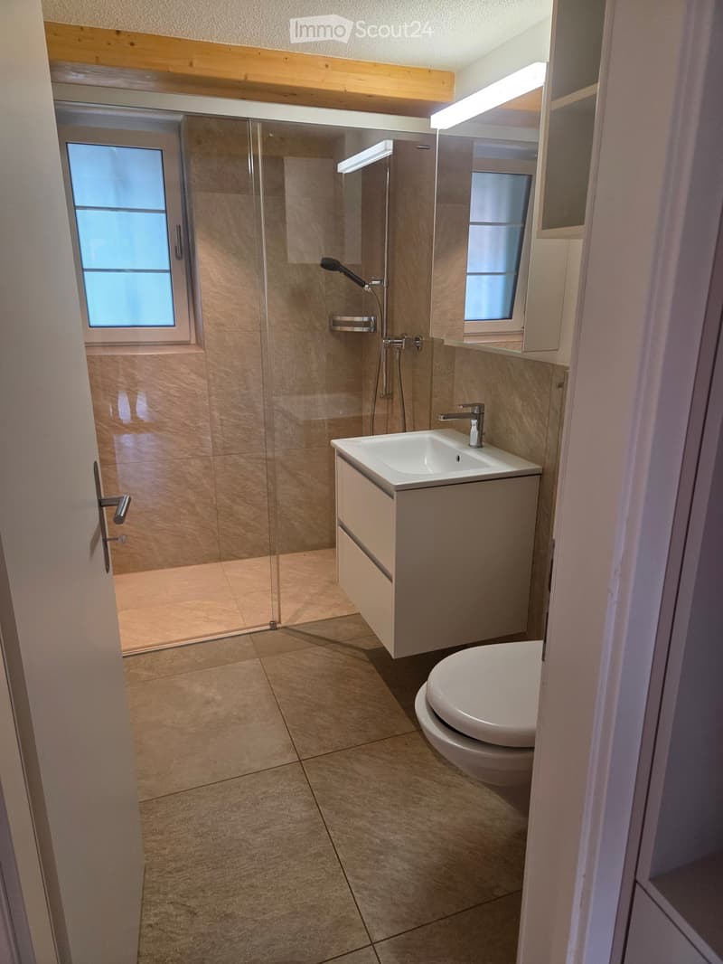 Modern bathroom with beige tiles, a glass-enclosed shower, a white sink with a modern faucet, and a toilet.