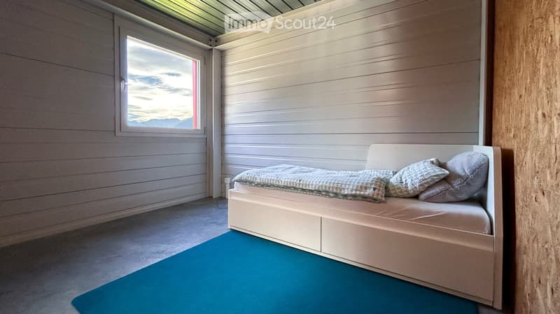 Minimalist bedroom with a single bed, pillows, and a blue rug, featuring light wood paneling and a large window with a scenic view.