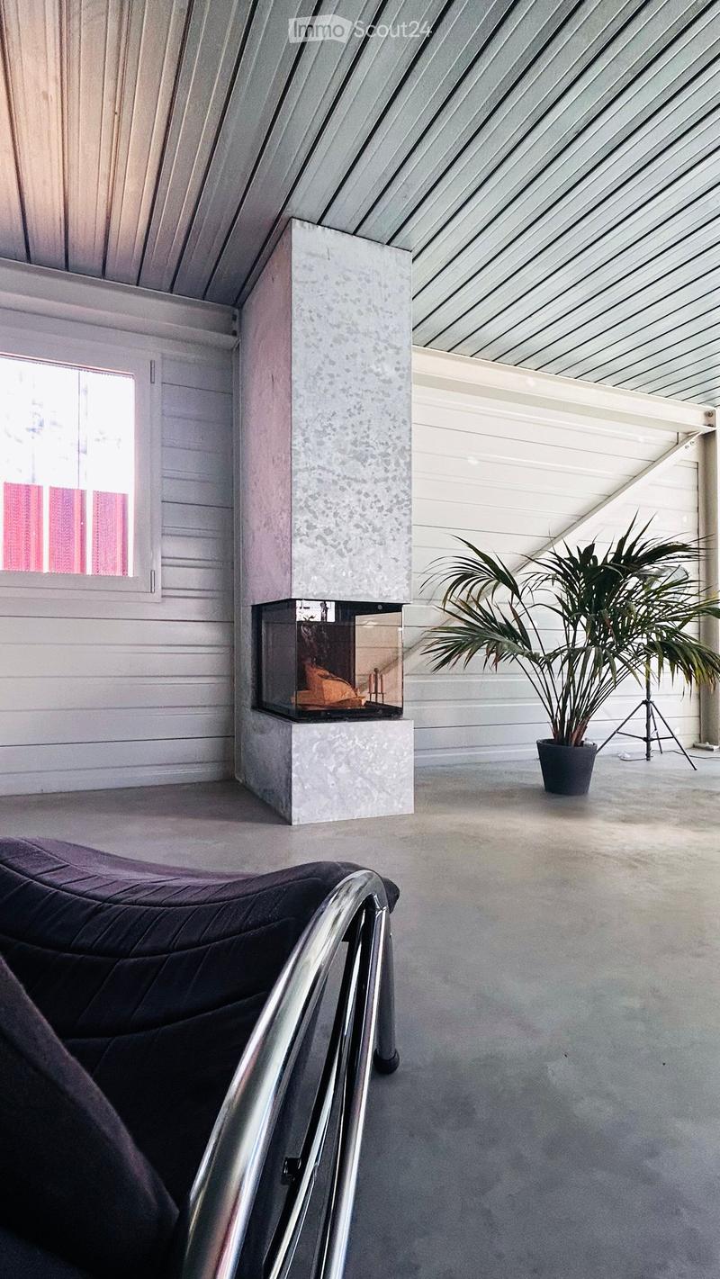 Modern living room with a sleek black sofa, a contemporary fireplace, and a potted plant near the window.