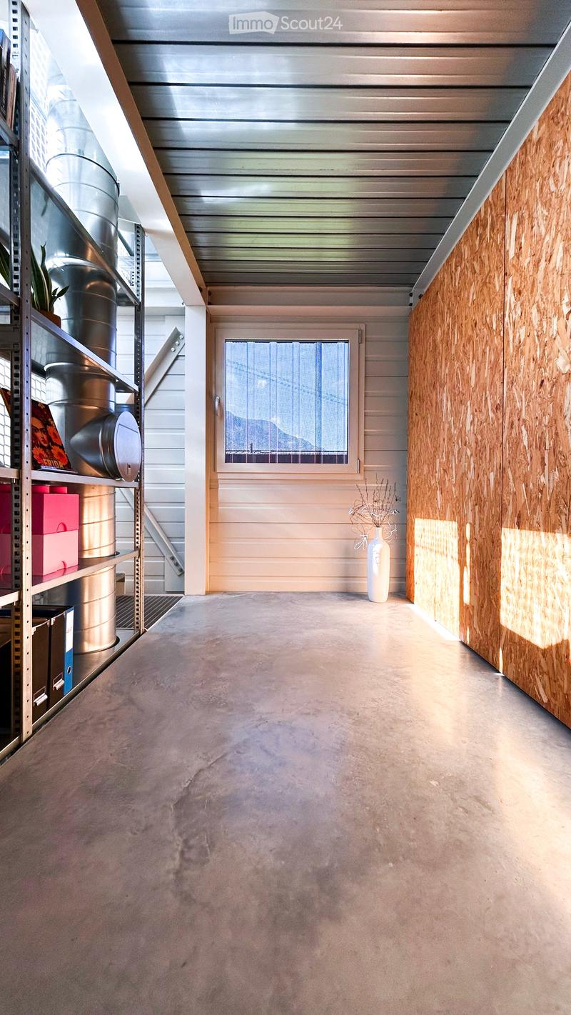 Modern hallway with concrete floor, wooden panel walls, metal shelving unit with storage items, and a white vase with dried flowers near the door.