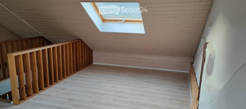 Spacious, well-lit hallway with wooden flooring and paneled walls, featuring a wooden staircase with a simple railing and a skylight window at the top.