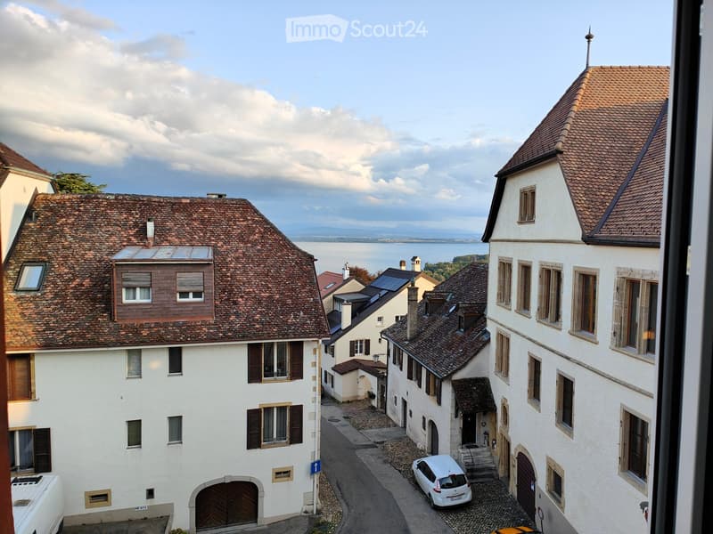 View of a historic European town with traditional buildings, cobblestone streets, and a scenic lake in the background.