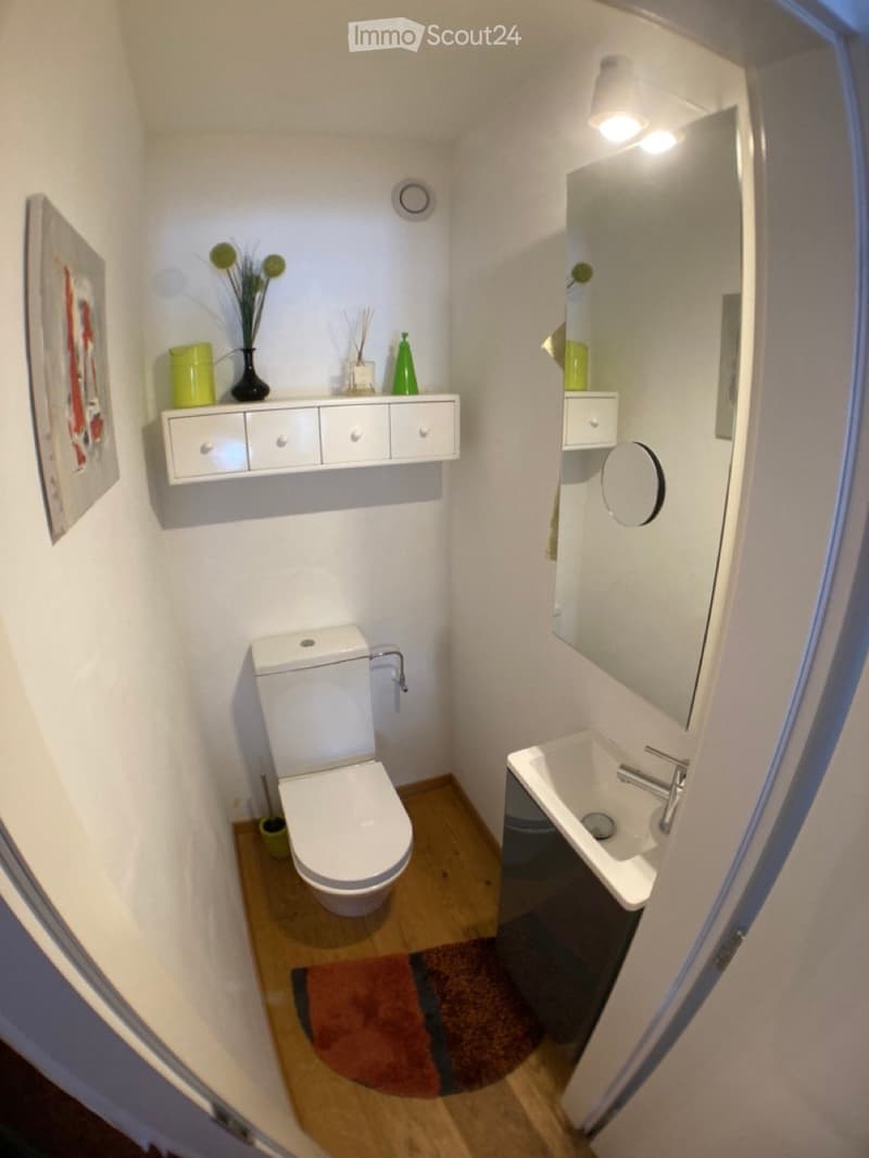 Compact bathroom with white walls, wooden floor, toilet, sink, mirror, and small cabinet with decorative items.