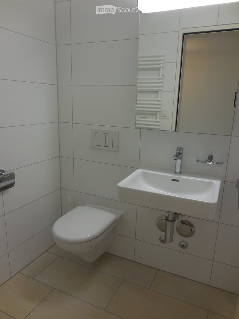 Modern bathroom with white tiled walls, a toilet, a sink with a modern faucet, a mirror with a built-in radiator, and a light switch on the wall.