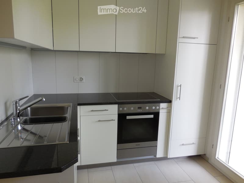 Modern kitchen with white cabinets, stainless steel sink, and built-in oven.