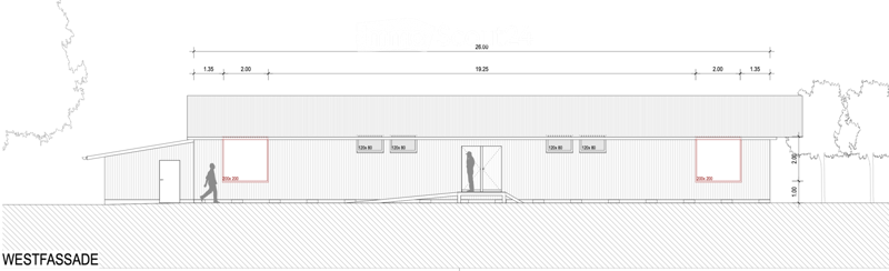 Elevation plan of a building showing a raised ground floor, entrance, and dimensions.