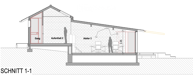 Floor plan showing a raised ground floor with labeled rooms: Gang (hallway), Aufenthalt 2 (living space2), Atelier 3 (studio3).