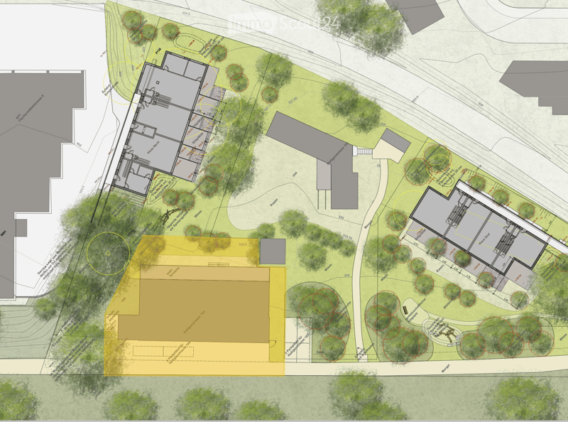 Floor plan of a residential complex with multiple buildings, labeled 'Haus Nord' and 'Haus Süd', surrounded by green spaces and pathways.