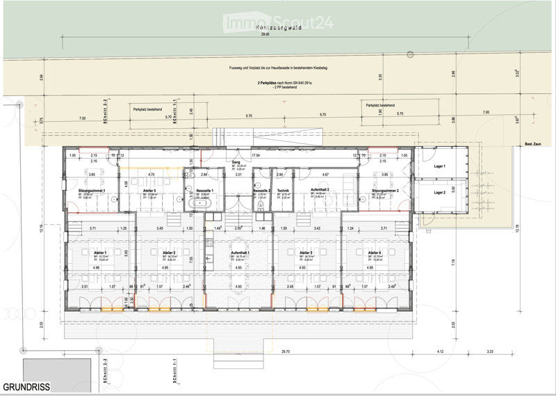 Floor plan of a multi-room building labeled Könizbergwald, showing various rooms including sitting rooms, ateliers, technical rooms, and storage areas. Dimensions and room labels are provided.