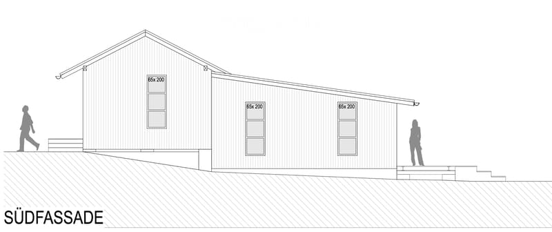 Elevation view of a modern house with a raised ground floor, featuring three rectangular windows and a sloped roof.