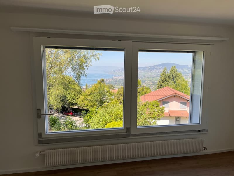 Empty room with wooden flooring, white walls, and large windows offering a scenic view of trees, a house, and distant mountains.