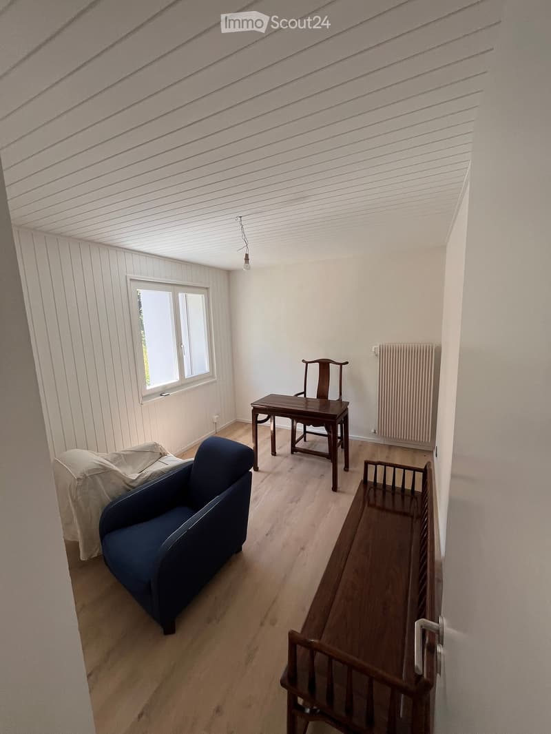 A cozy living room with wooden flooring, white paneled walls, and a skylight. Features include a blue sofa, a wooden chair, a small wooden table, and a radiator.
