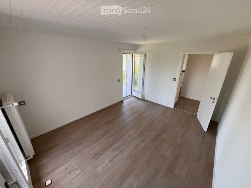 Empty room with light wooden flooring, white walls, and a sliding glass door leading to a balcony.