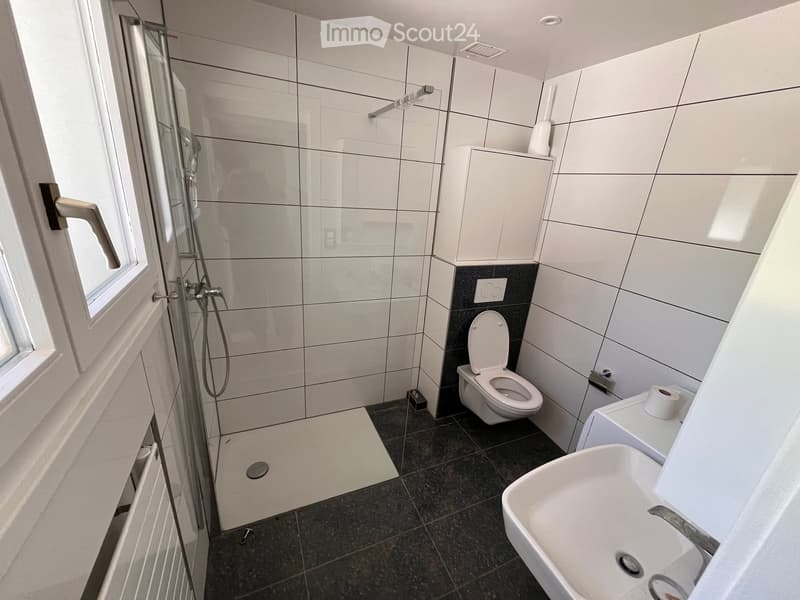 Modern bathroom with white tiles, a toilet, a sink, a shower, and a cabinet. The floor is dark tiled, and there is a window on the left side.