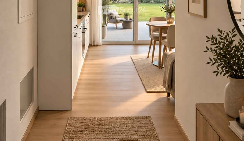 Bright, open-plan space with light wooden flooring, a small dining table with chairs, a vase with greenery, and a candle on a side table.