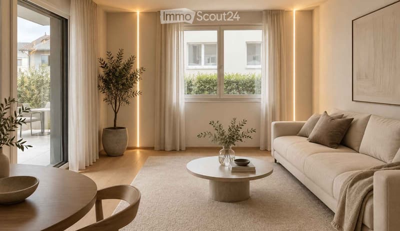 Modern living room with a beige sofa, coffee table, dining table, and chairs. Features large windows with sheer curtains, a potted plant, and decorative vases.