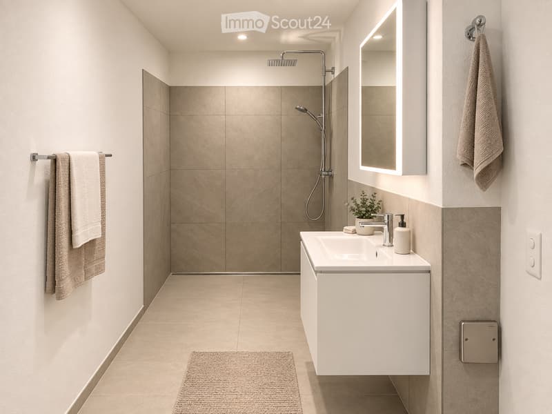 Modern bathroom with a white sink, chrome faucet, illuminated mirror, shower area with beige tiles, and towels on wall racks.