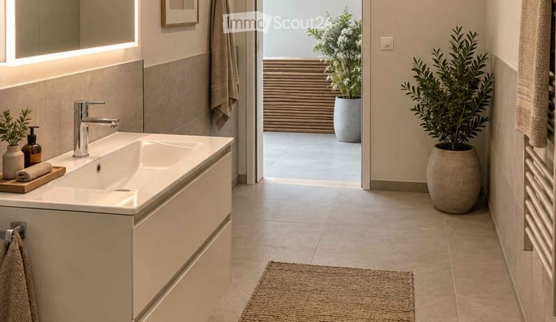 Modern bathroom with a double sink, sleek faucet, large mirror, and a view to a balcony area with plants.
