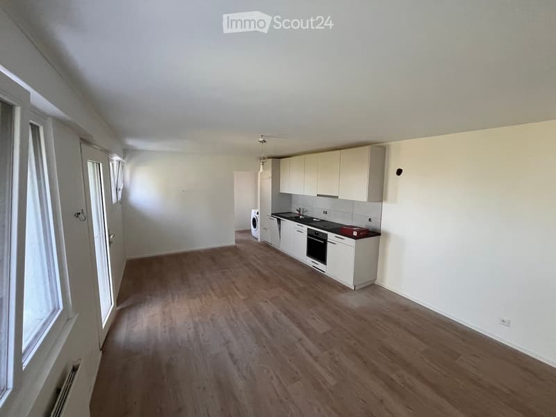 Bright, modern kitchen with white cabinets, a sink, an oven, and a washing machine. The space features wooden flooring and large windows allowing natural light to fill the room.