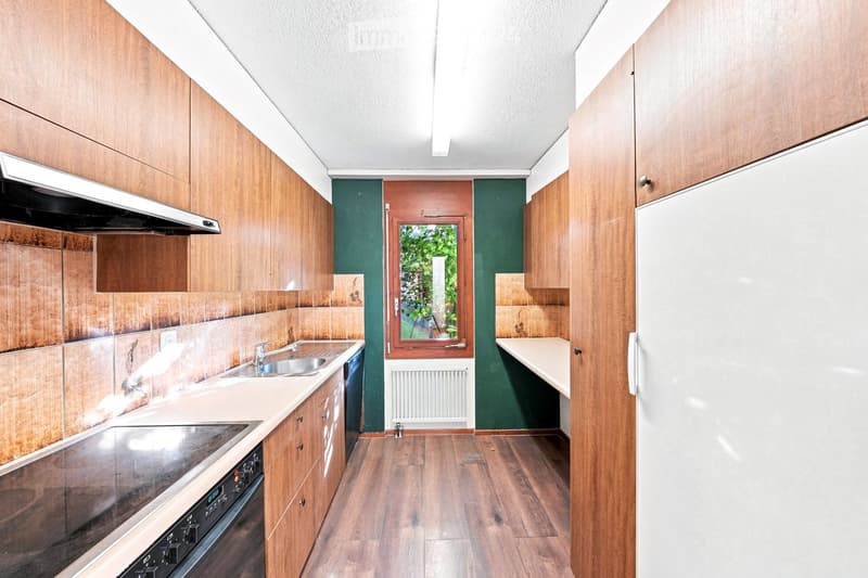 Modern kitchen with wooden cabinets, stainless steel appliances, and a window overlooking greenery.