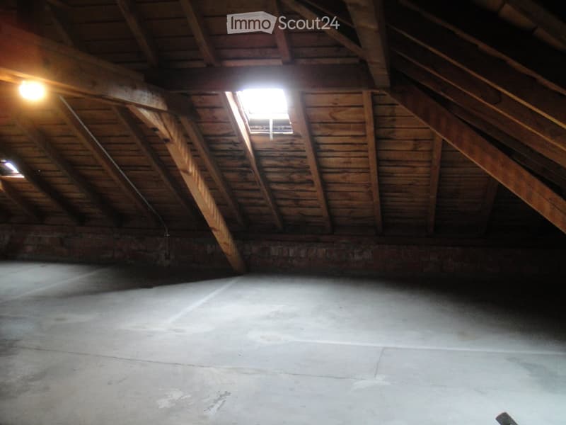 Empty attic space with wooden beams, exposed brick walls, and a skylight window allowing natural light to enter.