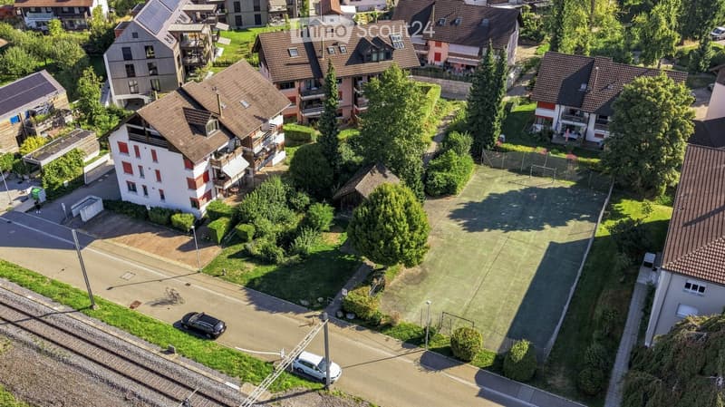 Aerial view of a residential neighborhood with multiple houses, gardens, and a sports field.
