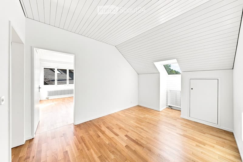 Bright, empty room with white walls, wooden flooring, and a slanted white ceiling. Features include a skylight, a door, and a radiator.