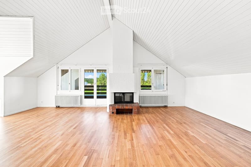 Bright, empty room with wooden flooring, white walls, and a fireplace. Large windows and doors provide natural light and access to the outdoors.