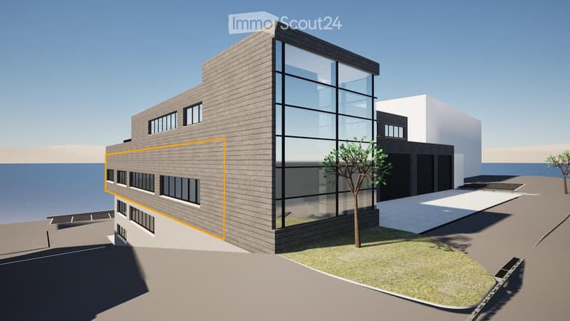 3D rendering of a modern, multi-story building with a combination of wood and glass facades, surrounded by a small landscaped area with trees and a paved walkway.
