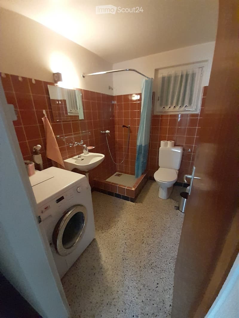 Bathroom with washing machine, sink, shower, toilet, and mirror