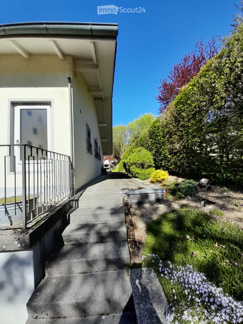 white house, raised ground floor, metal railing, concrete steps, garden with bushes and flowers