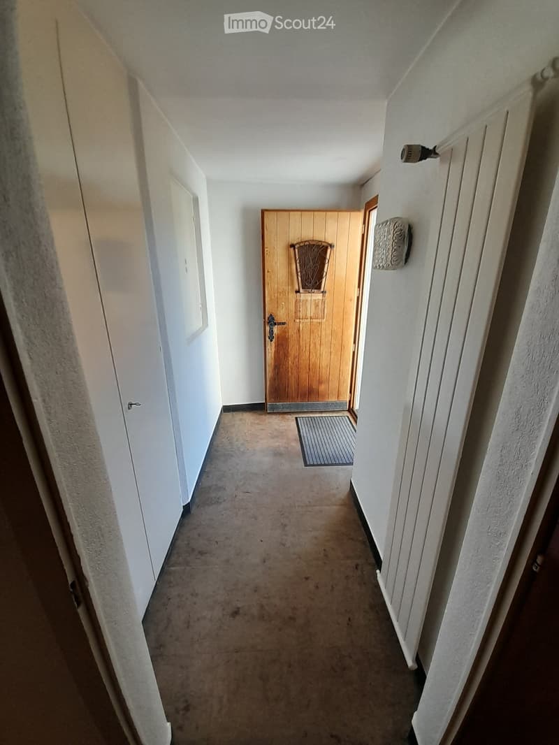 Empty hallway with wooden door, white walls, and a rug in front of the door.