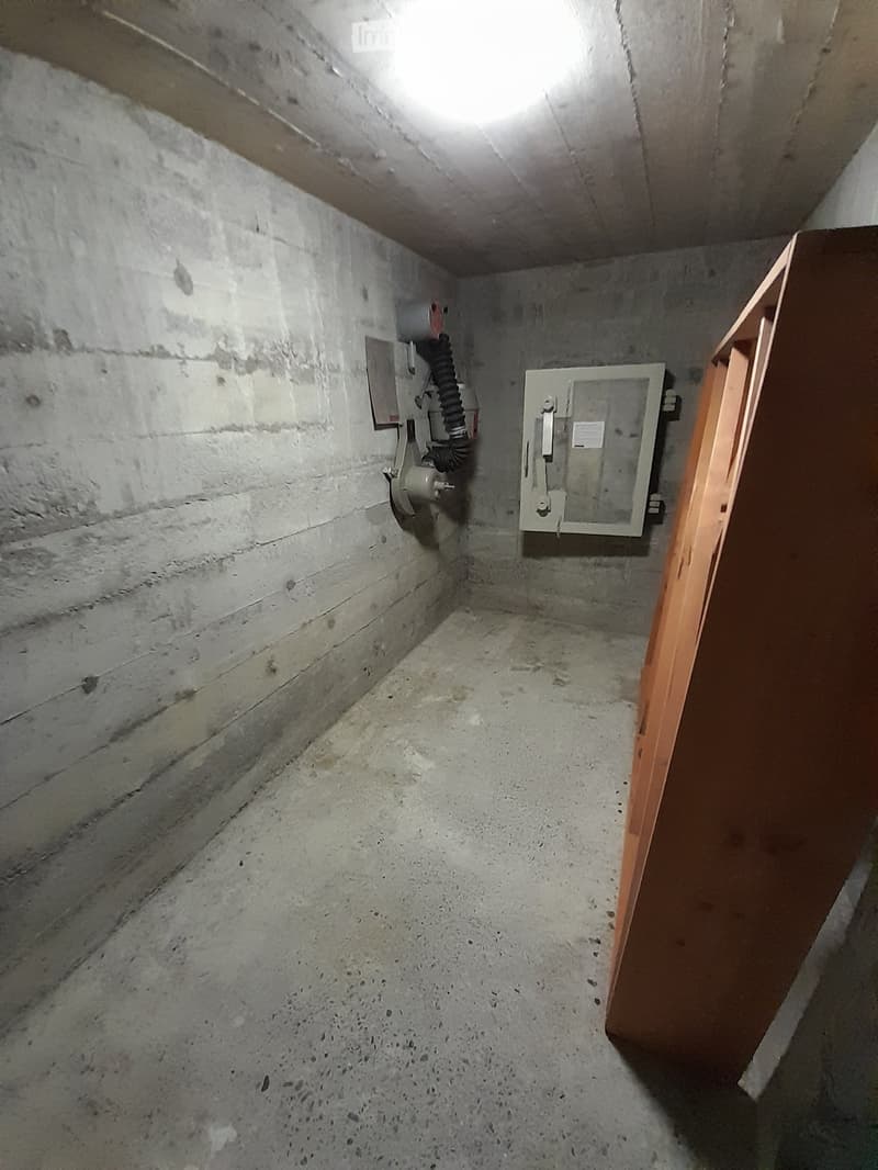 Concrete walls, concrete floor, electrical box, metal pipe, wooden cabinet