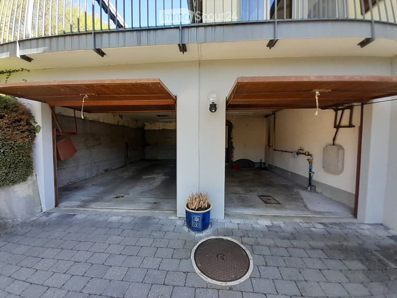 Two garages, one with a wooden door, one with a metal door, a light on the wall, a potted plant, a manhole cover