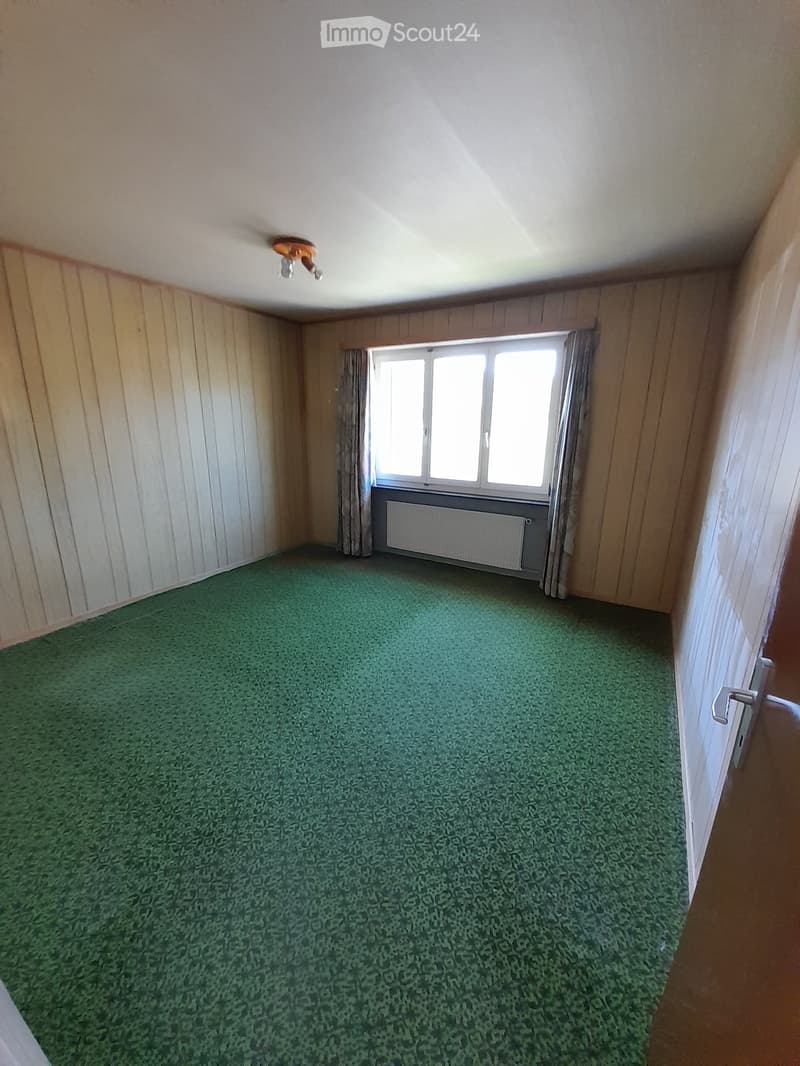 empty room, green carpet, wooden walls, large window, radiator