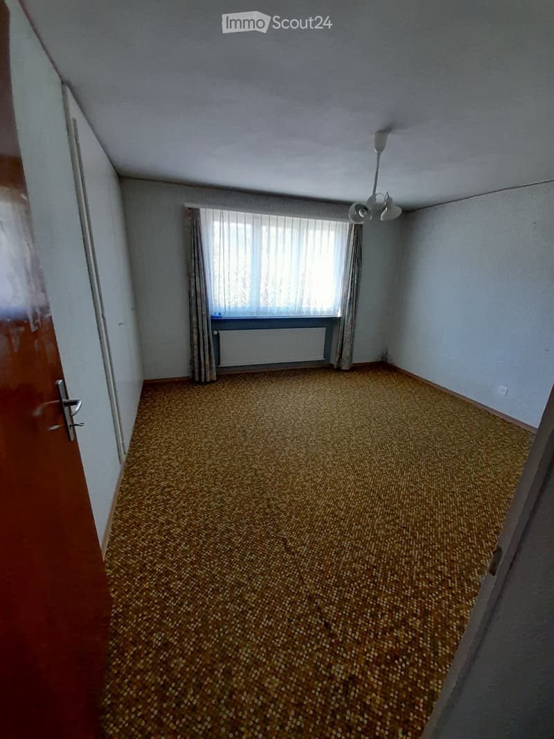empty room, white walls, beige carpet, window with curtains, radiator, ceiling lamp