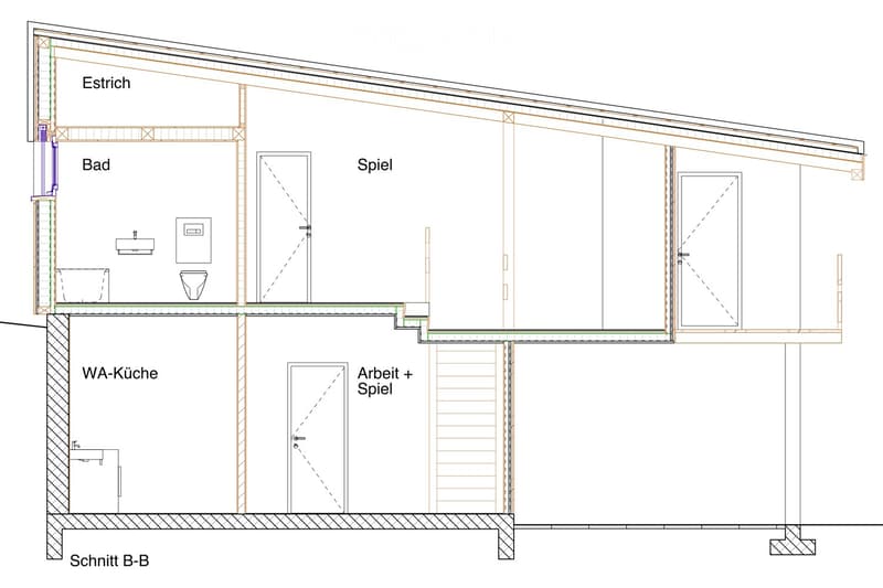 Floor plan showing a bathroom, kitchen, and play area. Includes labeled sections for 'Bad' (bathroom), 'WA-Küche' (kitchen), 'Spiel' (play area), and 'Arbeit + Spiel' (work and play area).