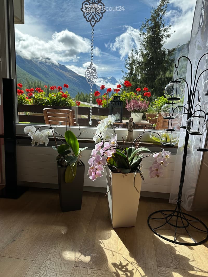 Balcony with wooden floor, large window showing mountain view, decorated with potted orchids, lanterns, and a chair.
