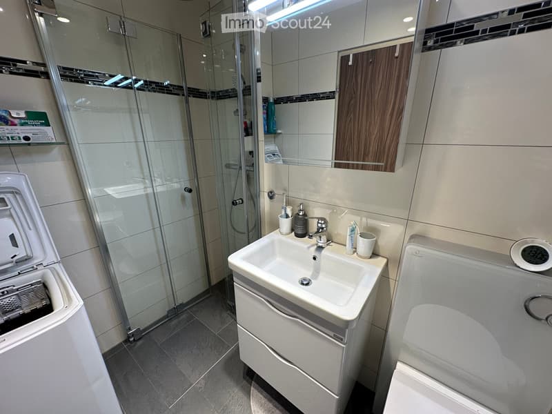 Modern bathroom with a sink, toilet, shower, and various toiletries. Features a sleek design with a glass-enclosed shower and a built-in cabinet.