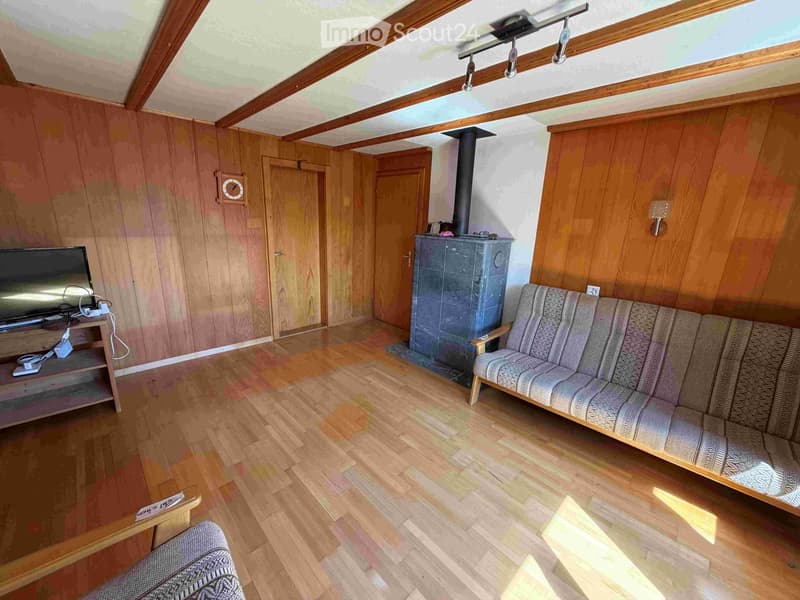 Living room with wooden walls, hardwood floor, sofa, armchair, television, fireplace, and clock.