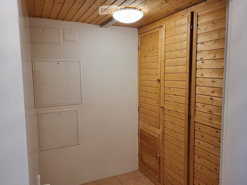 A narrow hallway with light wooden louvered doors on one side and white wall-mounted panels on the other, featuring a round ceiling light fixture.