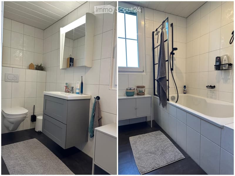Two modern bathrooms with white tiled walls, grey cabinets, and dark flooring. The left bathroom features a sink, toilet, and mirror, while the right bathroom includes a bathtub, showerhead, and towel rack.