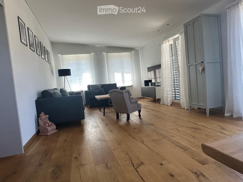 Modern living room with wooden flooring, large windows, two sofas, coffee table, armchair, floor lamp, TV stand, and cabinet.