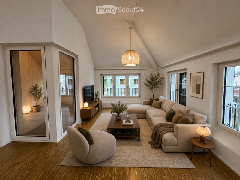 Modern living room with a large sectional sofa, coffee table, side table, and a TV stand. The room features wooden flooring, large windows, and a cozy ambiance with soft lighting and decorative plants.