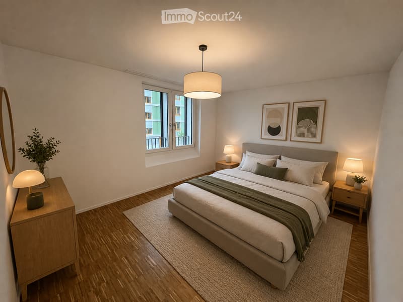 Modern bedroom with a large bed, nightstands, lamps, a mirror, artwork, and a plant near the window.