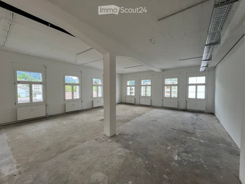 Empty room with bare walls, concrete floor, and multiple windows with radiators beneath them.