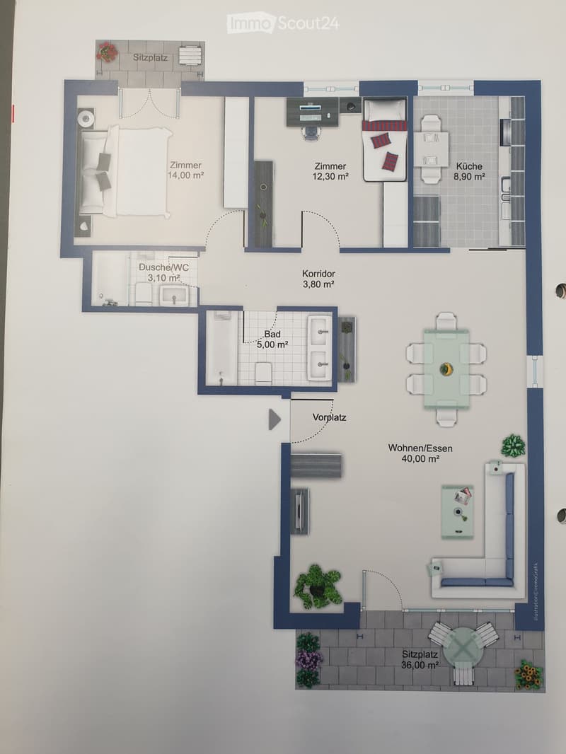 Floor plan of a 2-bedroom apartment with living/dining area, kitchen, two bathrooms, hallway, and outdoor seating area.