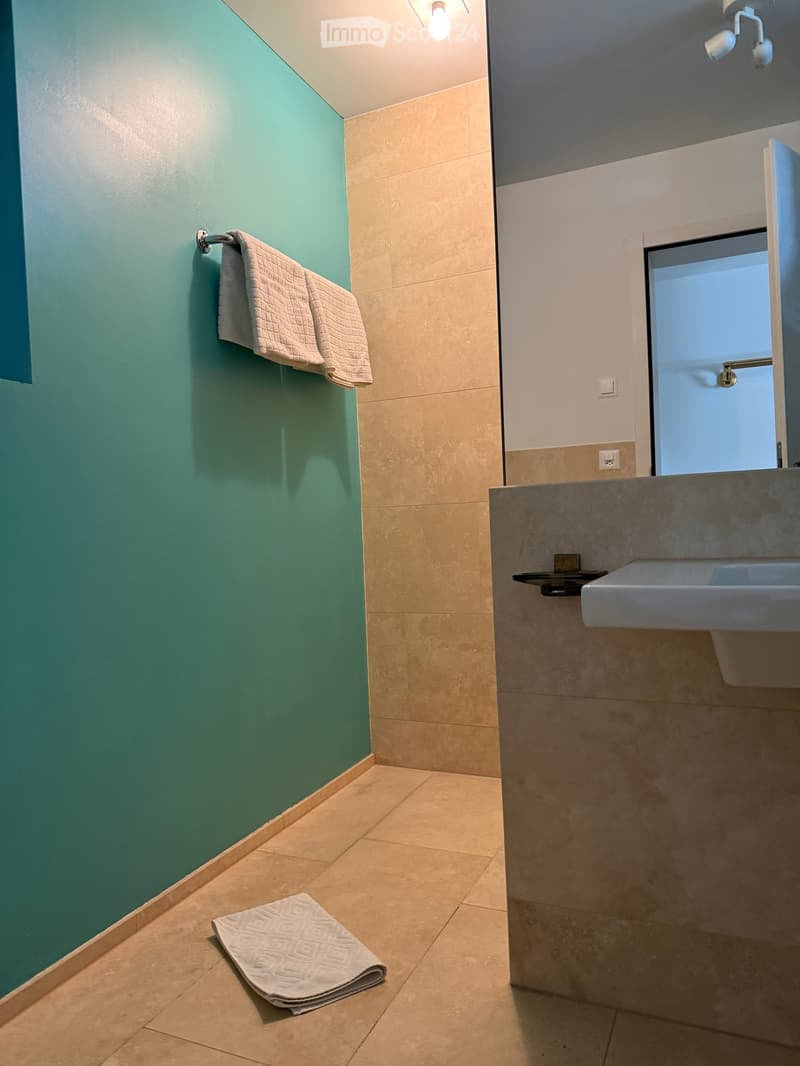 Modern bathroom with green and beige tiles, a white sink, and neatly folded towels on the floor and wall.