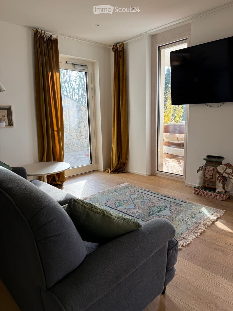 Living room with a grey sofa, small round table, large flat-screen TV mounted on the wall, patterned rug, and decorative elephant statue near the balcony entrance.
