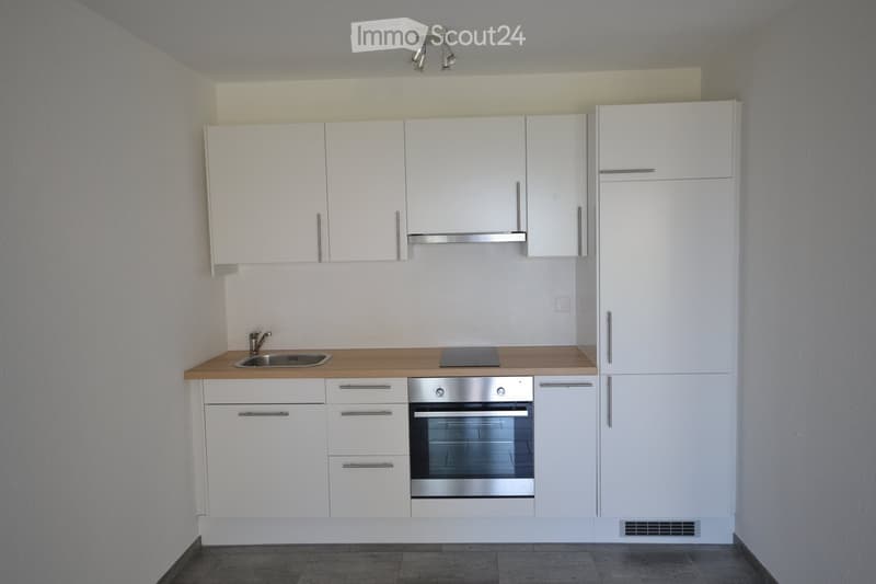 modern kitchen, white cabinetry, wooden countertops, stainless steel sink, dishwasher, electric oven, granite floor